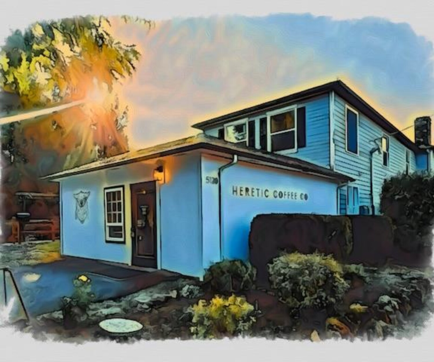 Stylized photo of Heretic Coffee's building in Portland, Oregon.