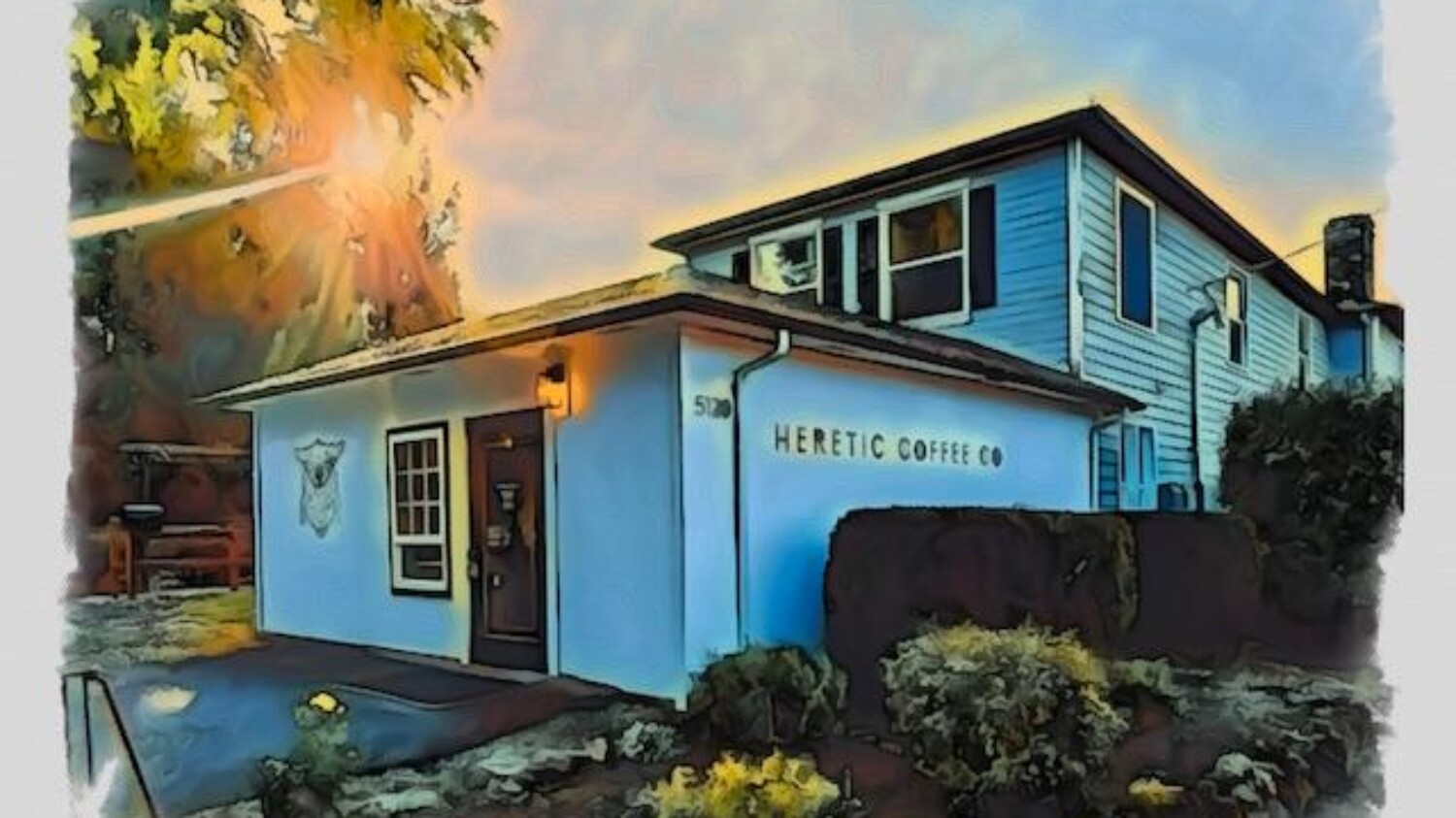 Stylized photo of Heretic Coffee's building in Portland, Oregon.