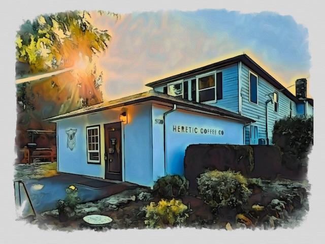 Stylized photo of Heretic Coffee's building in Portland, Oregon.